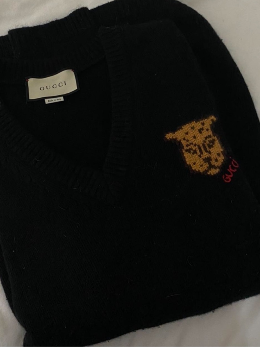 Gucci Black V-Neck Sweater with Gold Leopard Head and Red Logo